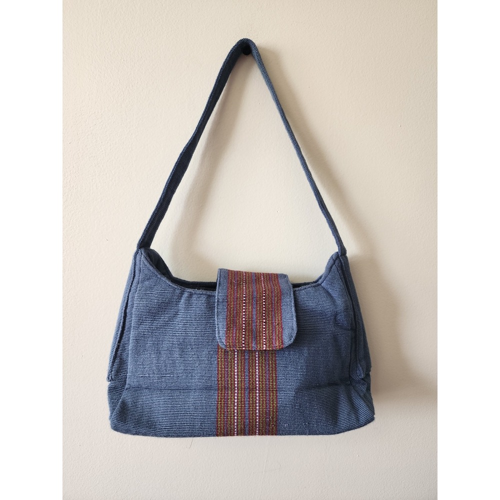 Guatemala Woven Cotton Shoulder Bag Blue Striped Boho Handbag Zipper Closure